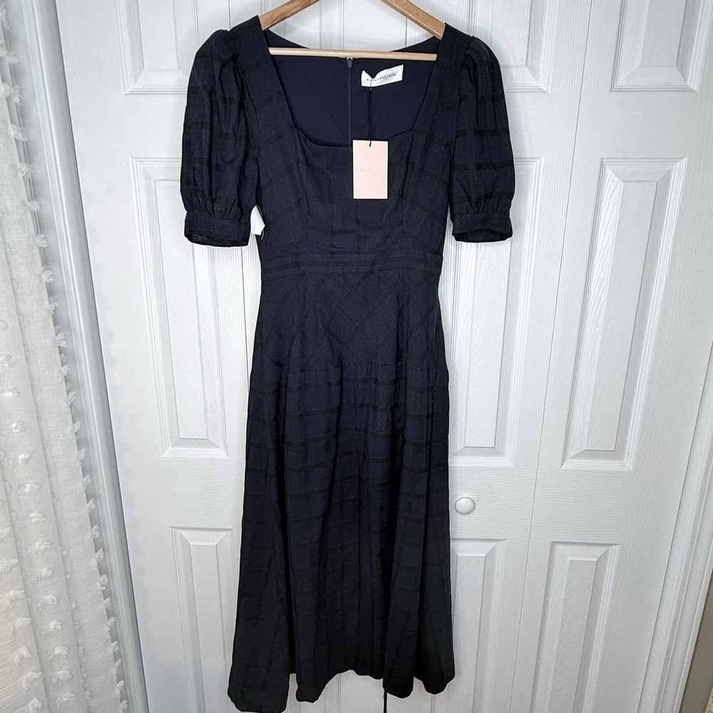 Fame and Partners Black/blue Plaid Puff Sleeve Midi Dress Square Neck NWT Size 4